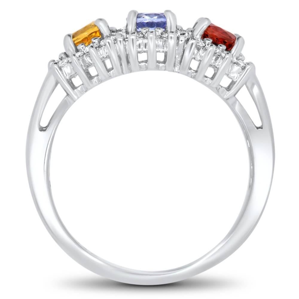 Material: 14k White Gold 
Center Stone Details: 3 Multicolor Sapphires - 4mm Round - Yellow, Light Blue and Red - 1.05 Carats
Mounting Diamond Details: 30 Round White Diamonds at 0.36 Carats - Clarity: SI / Color: H-I
Ring Size: Size 6.5. Alberto