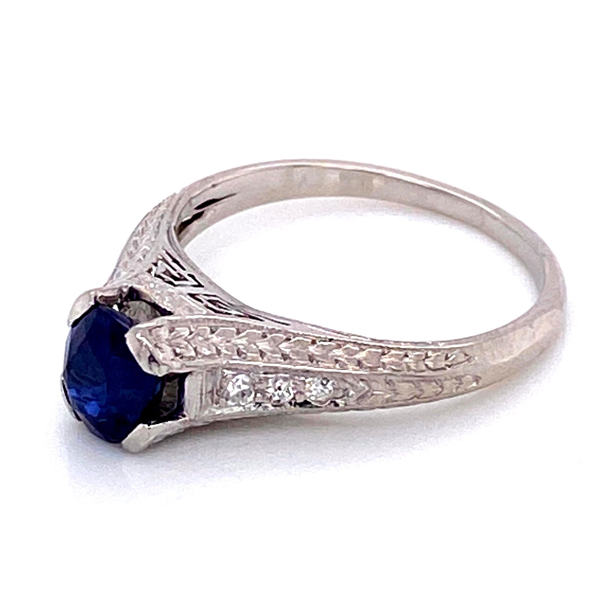 Vintage 1.05 Carat Sapphire Diamond Art Deco Platinum Ring Fine Estate Jewelry For Sale 1