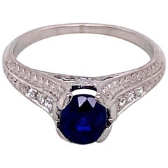 Retro 1.05 Carat Sapphire Diamond Art Deco Platinum Ring Fine Estate Jewelry