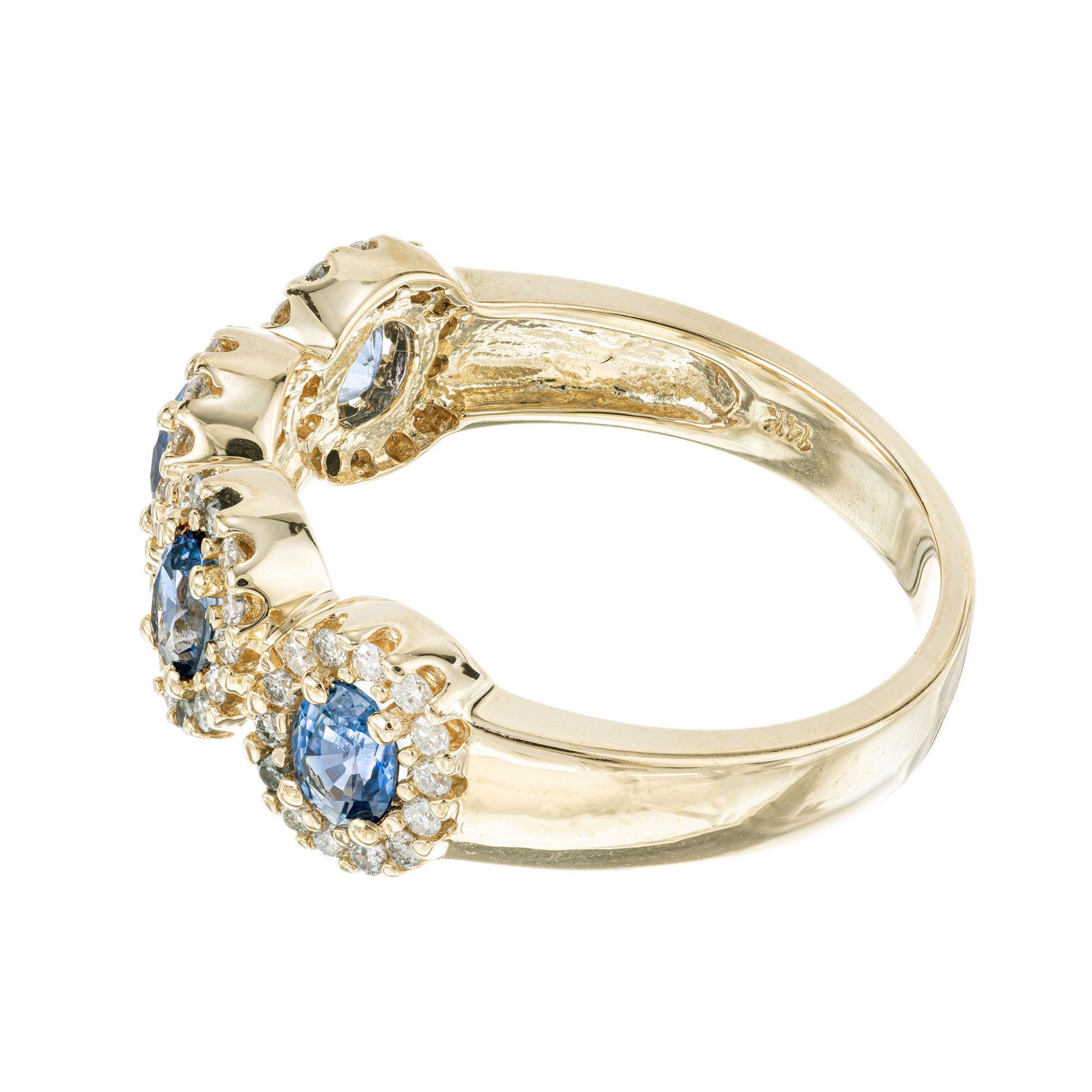 1.05 Carat Sapphire Diamond Halo Yellow Gold Band Ring In Excellent Condition In Stamford, CT