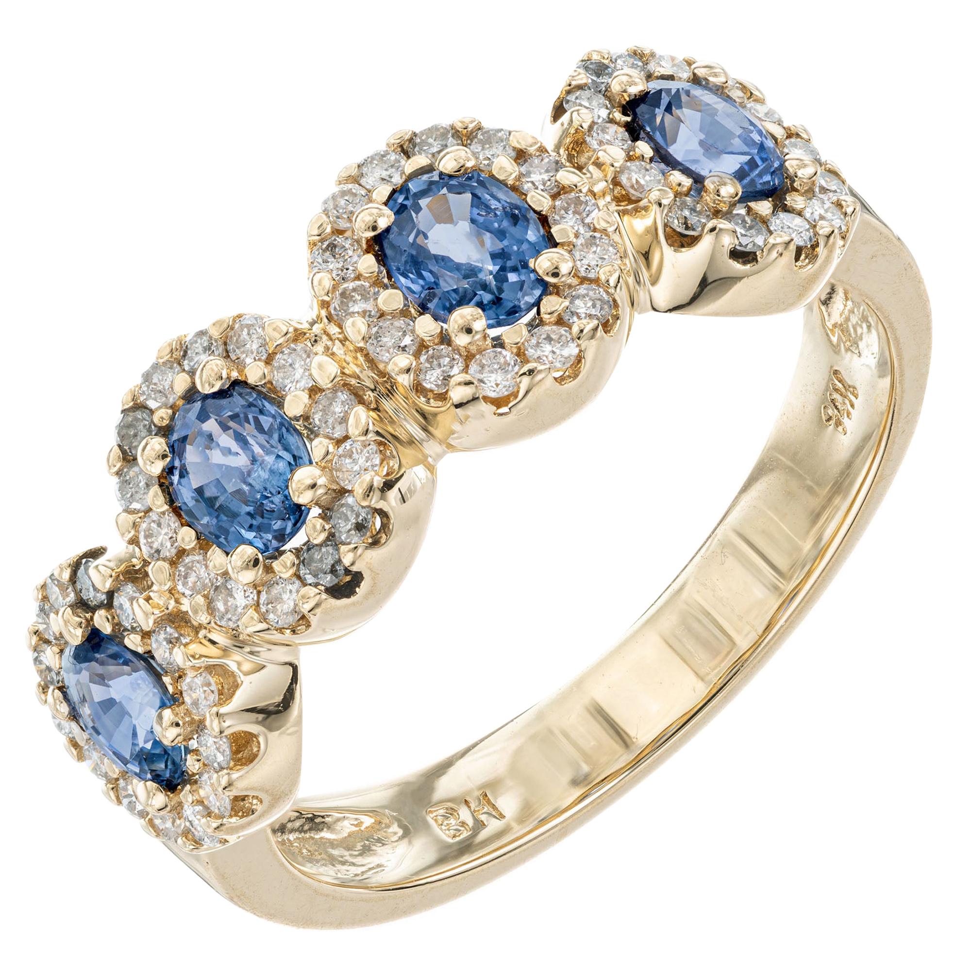 1.05 Carat Sapphire Diamond Halo Yellow Gold Band Ring