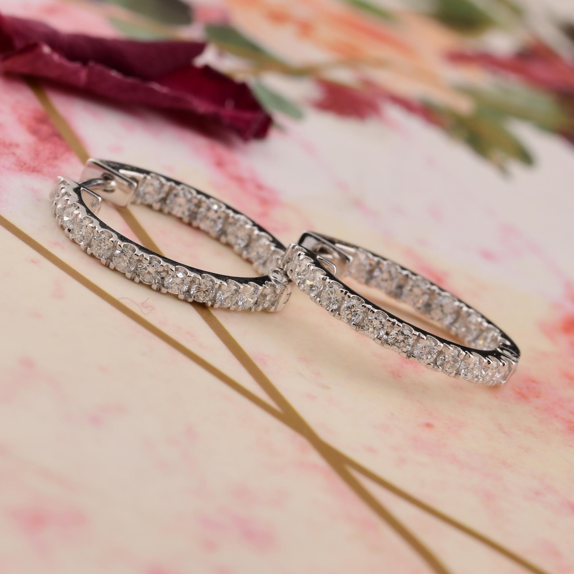 Modern 1.05 Carat SI/H Round Brilliant Cut Diamond Hoop Earrings 18 Karat White Gold For Sale