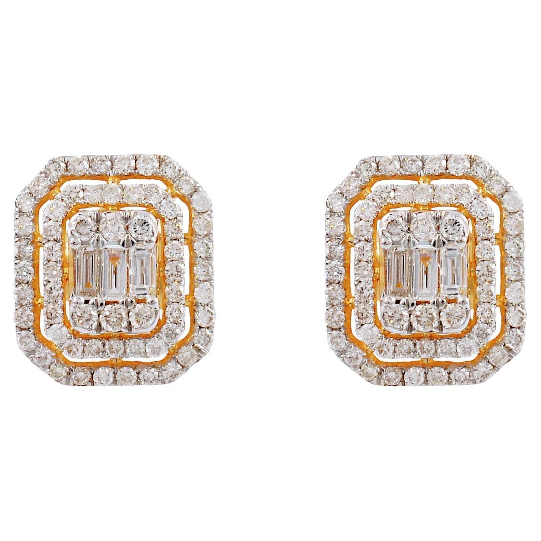 Clous d'oreilles en or jaune 18 carats avec diamants ronds taille baguette SI/HI de 1,05 carat