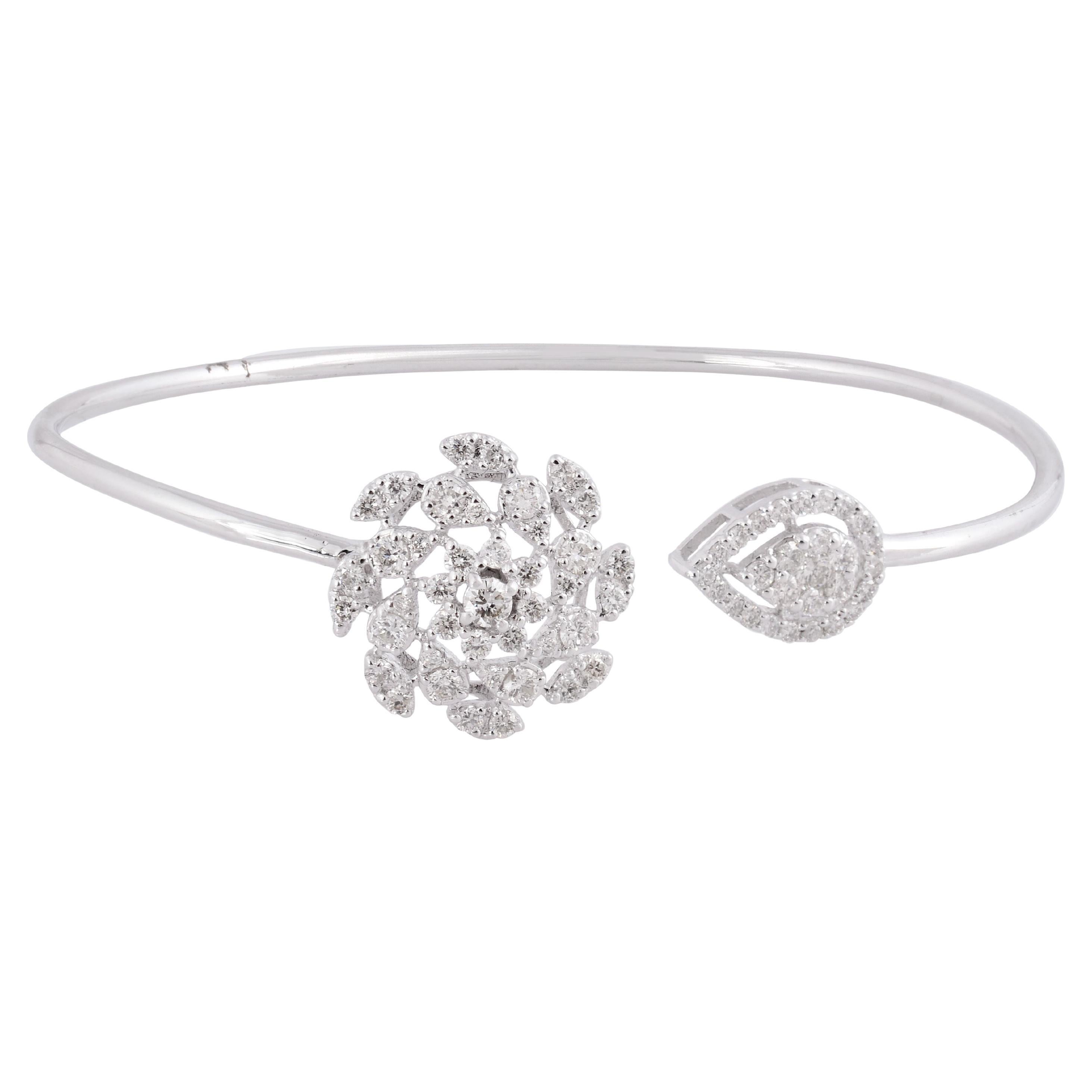 1.05 Carat SI/HI Diamond Flower Cuff Bangle Bracelet 18 Karat White Gold Jewelry For Sale