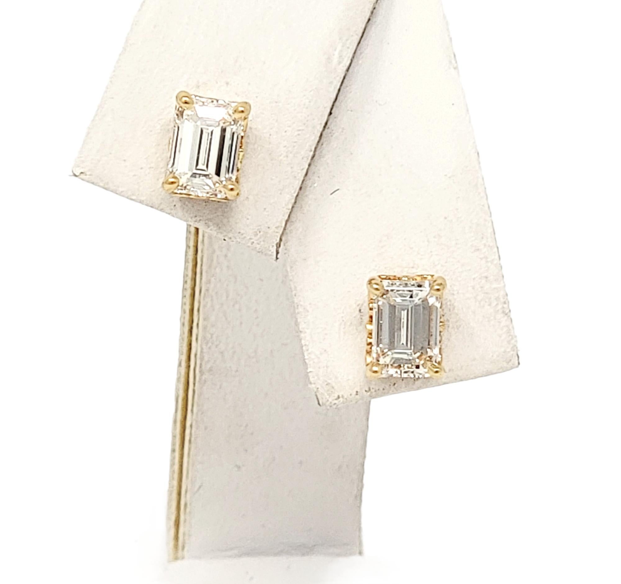 1.05 Carat Total Emerald Cut Diamond Stud Earrings in 14 Karat Yellow Gold For Sale 6