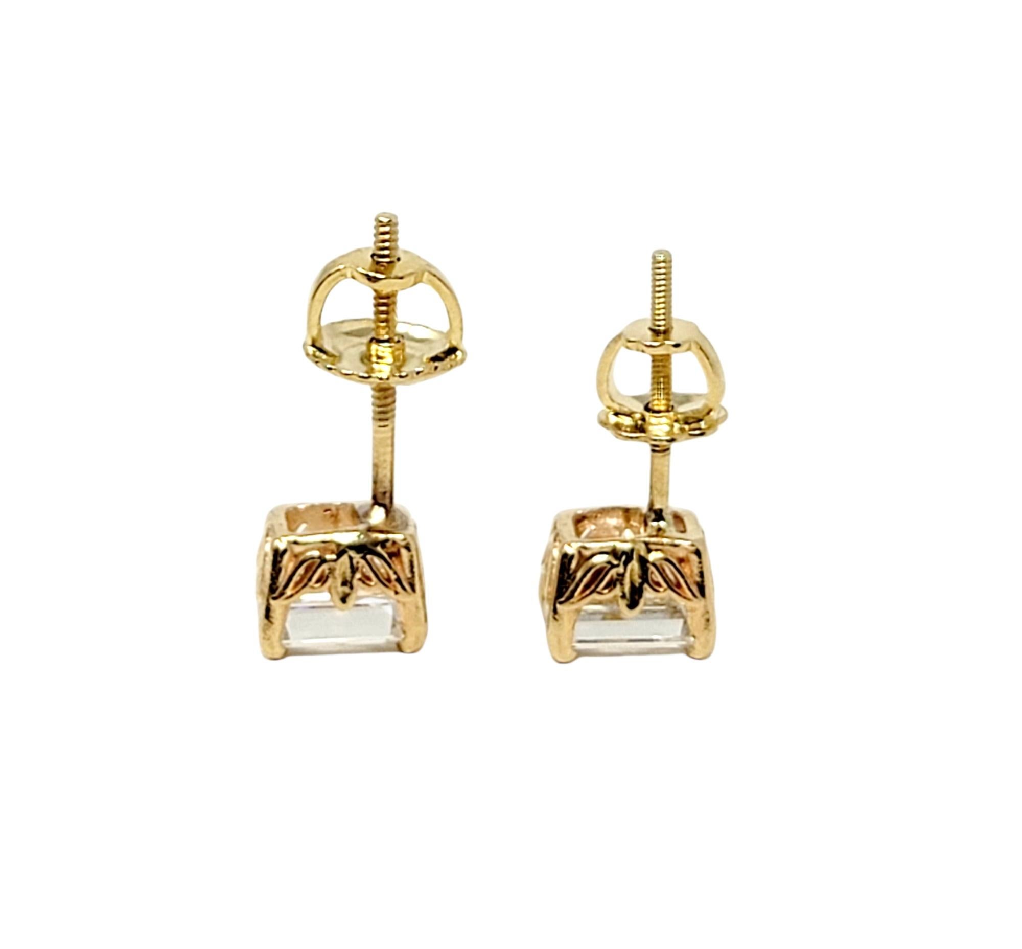 1.05 Carat Total Emerald Cut Diamond Stud Earrings in 14 Karat Yellow Gold For Sale 7