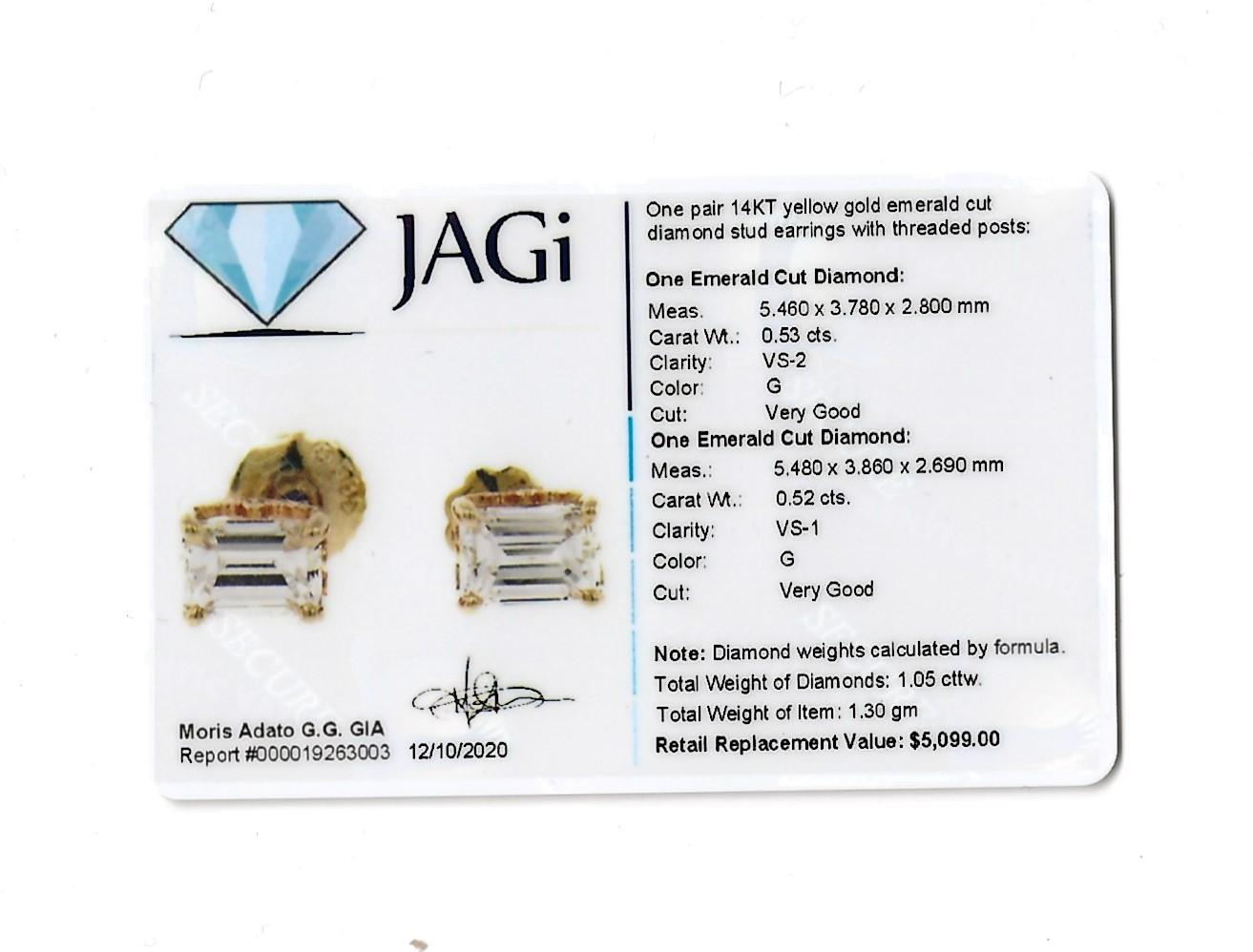 1.05 Carat Total Emerald Cut Diamond Stud Earrings in 14 Karat Yellow Gold For Sale 9