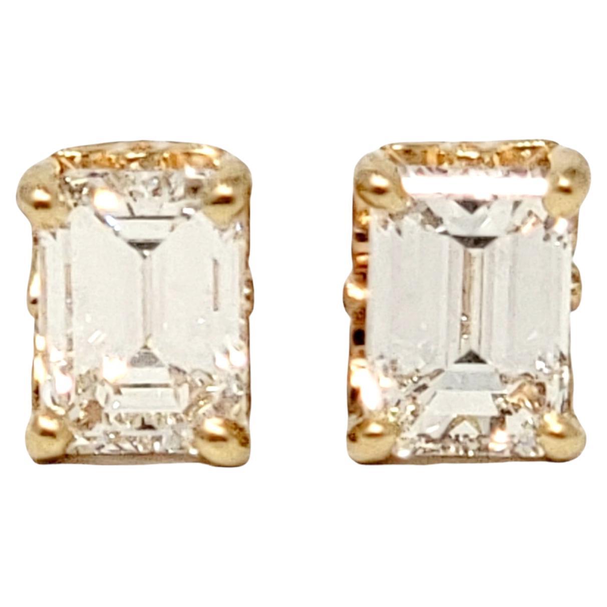 1.05 Carat Total Emerald Cut Diamond Stud Earrings in 14 Karat Yellow Gold For Sale