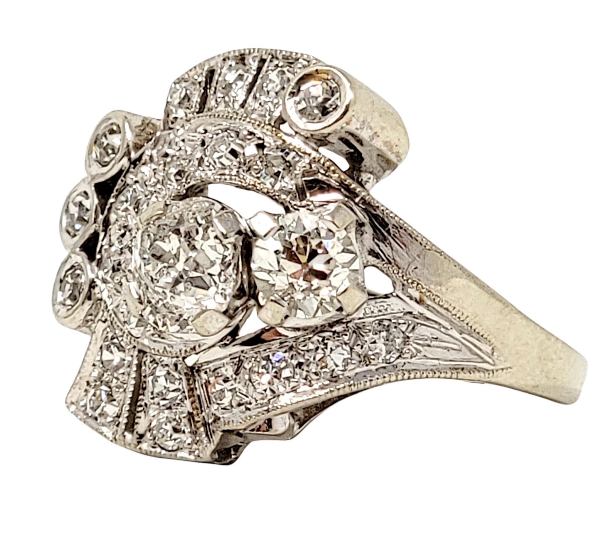 Women's 1.05 Carats Total Vintage Old Mine Cut Diamond Cluster Ring 14 Karat White Gold For Sale