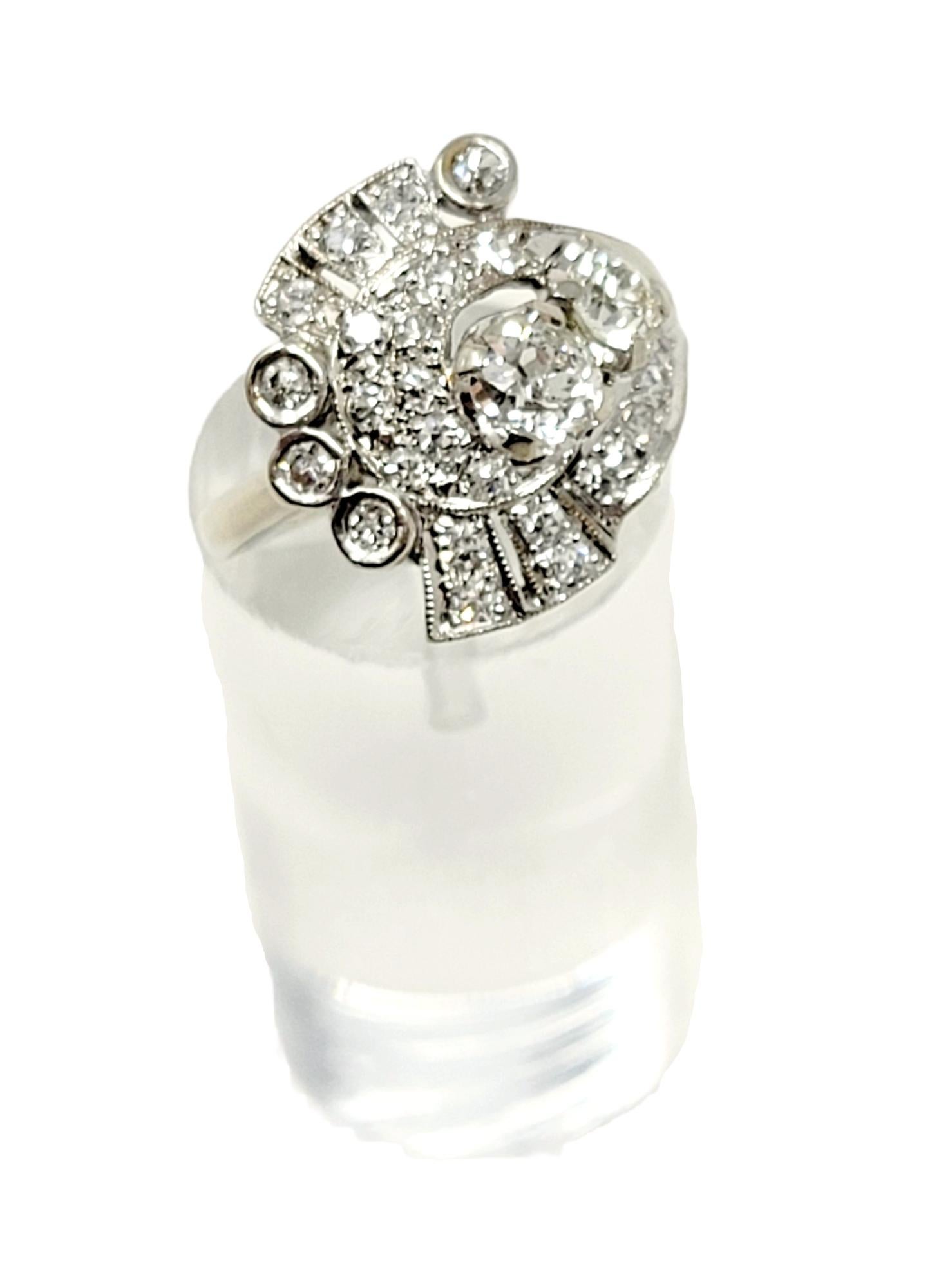 1.05 Carats Total Vintage Old Mine Cut Diamond Cluster Ring 14 Karat White Gold For Sale 2