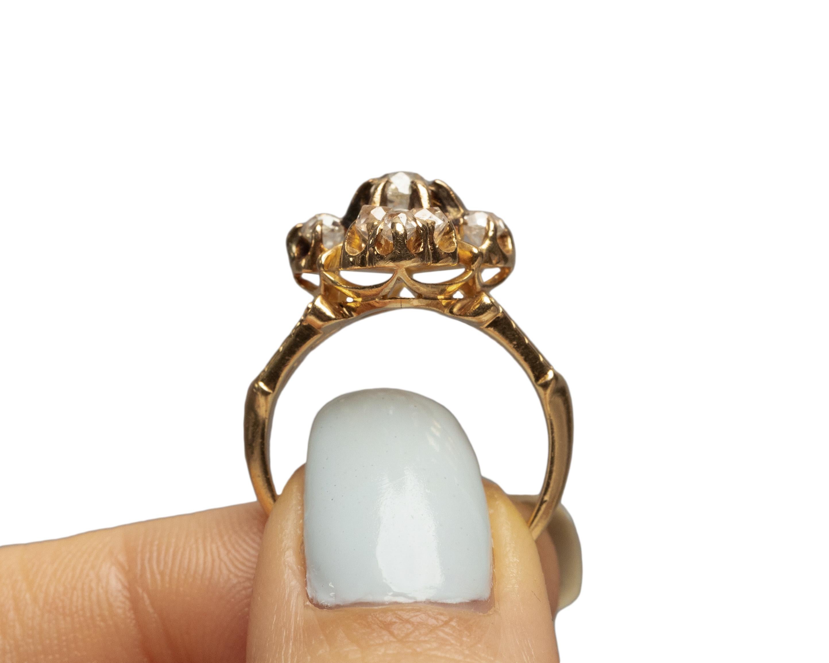 1.05 Carat Total Weight Victorian Diamond 14 Karat Yellow Gold Engagement Ring For Sale 2
