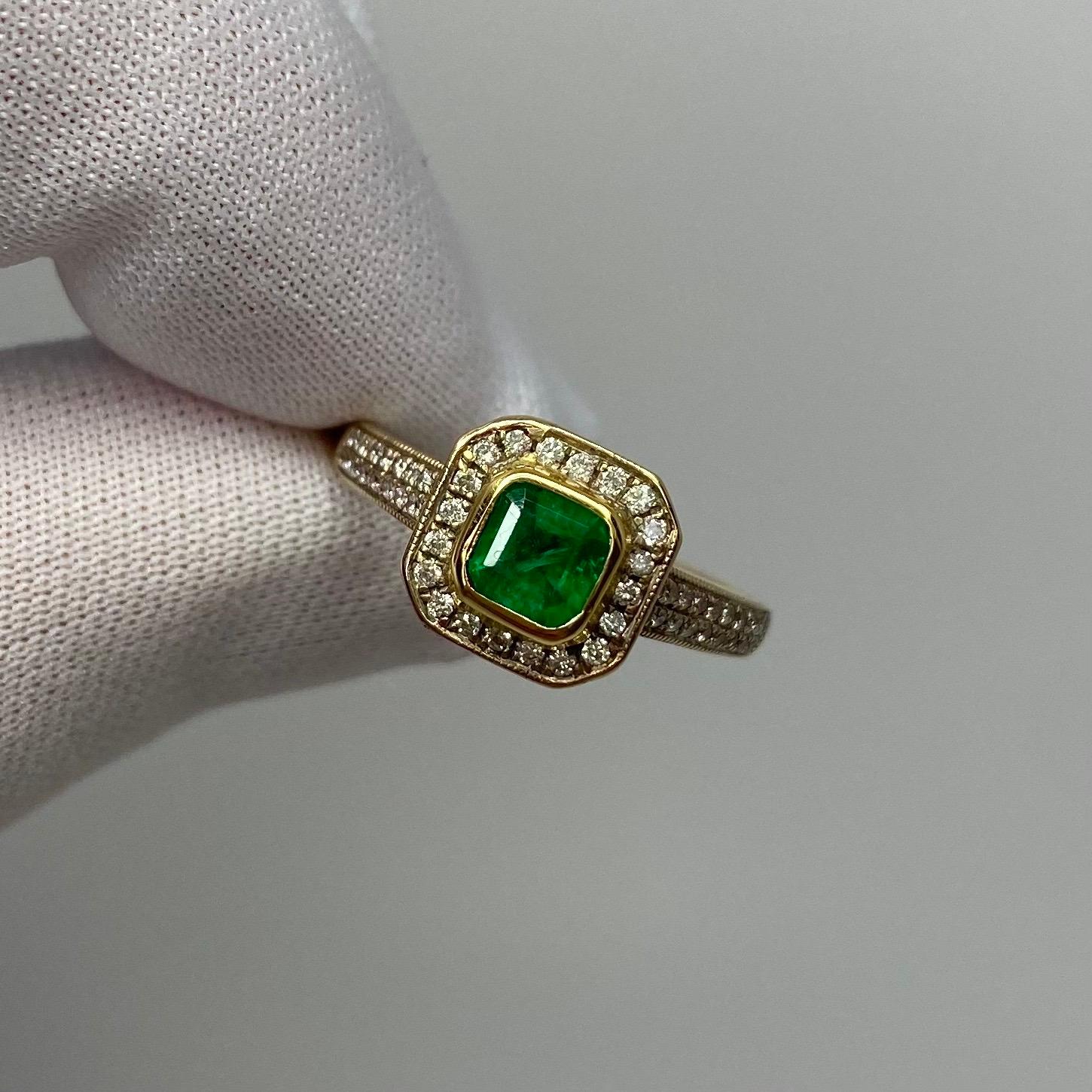 Vivid Green Colombian Emerald & Diamond Art Deco Style 18K Gold Halo Ring.

1.05 Carat centre Colombian emerald with a vivid green colour and an excellent square emerald cut. Some small natural inclusions visible in the stone, as to be expected with