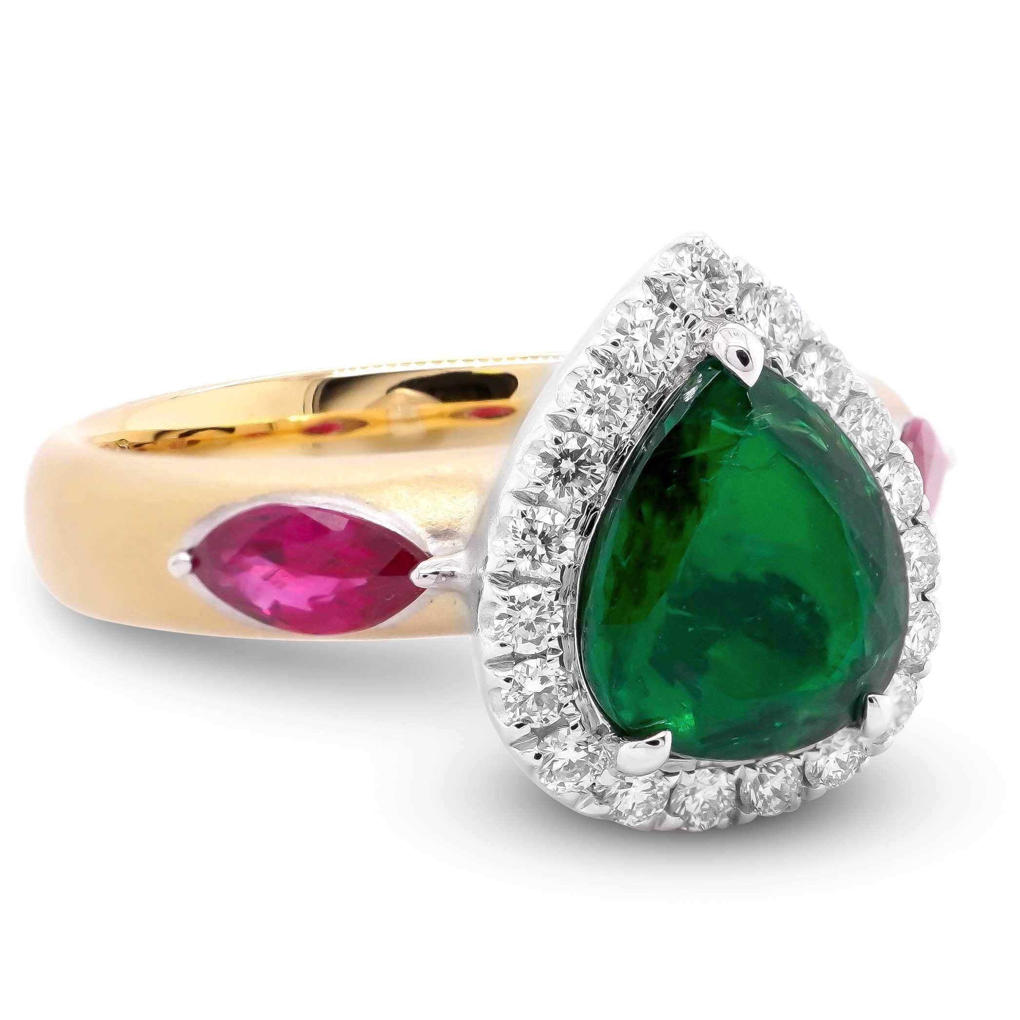 Art Nouveau 1.05 Carat Vivid Green Emerald Flanked by Ruby Marquise Matt Finish 18K Gold For Sale