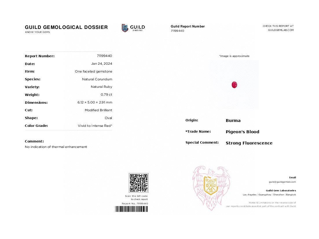 0,79 ct GUILD certificado Rubí Sangre de Paloma Birmania sin calentar en venta 1