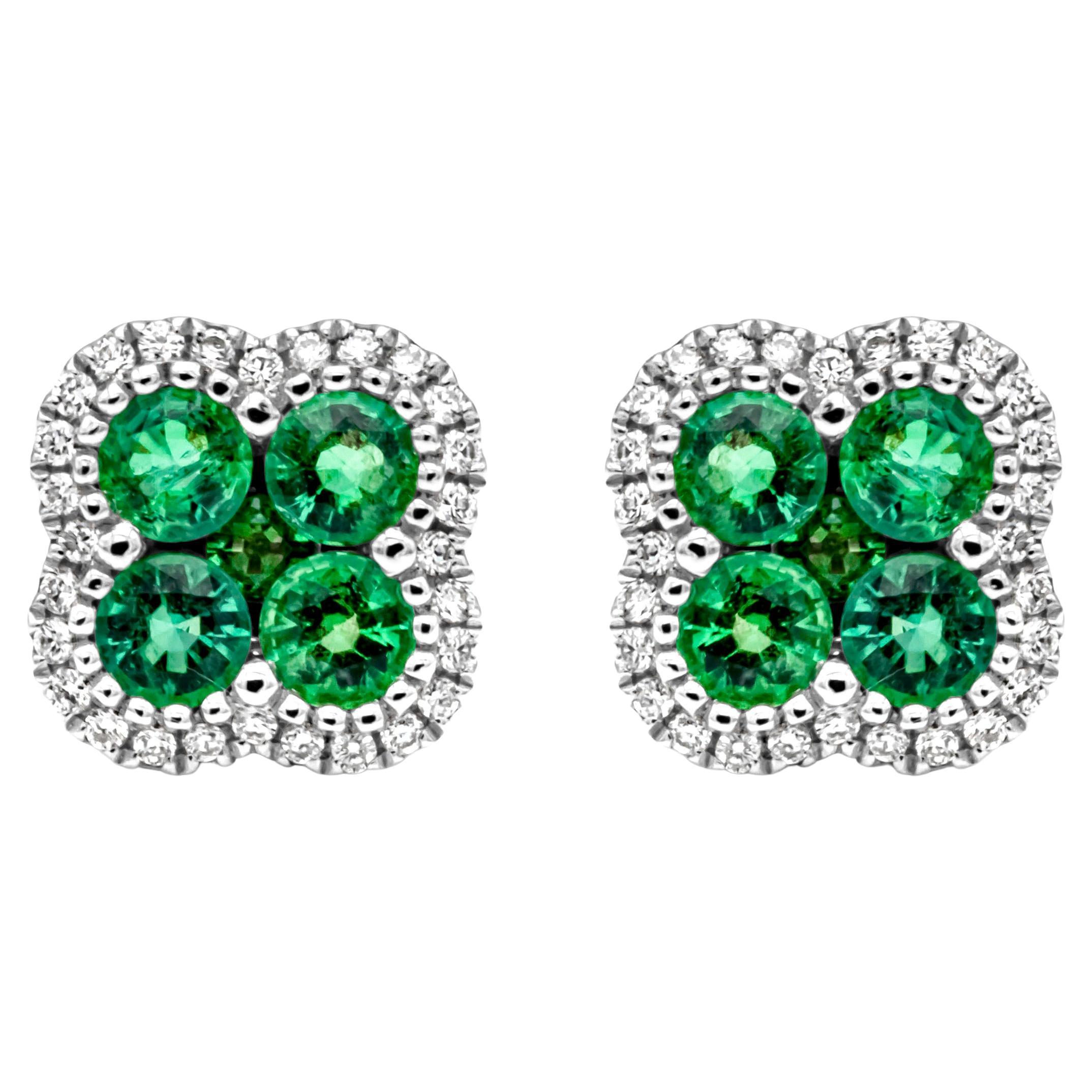 1.05 Carats Total Colombian Green Emerald & Round Diamond Halo Stud Earrings For Sale