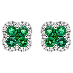 1.05 Carats Total Colombian Green Emerald & Round Diamond Halo Stud Earrings