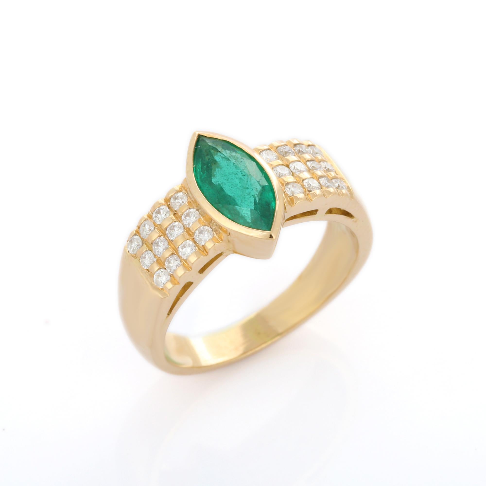 For Sale:  18K Yellow Gold Marquise Cut Emerald and Diamond Cocktail Ring 2