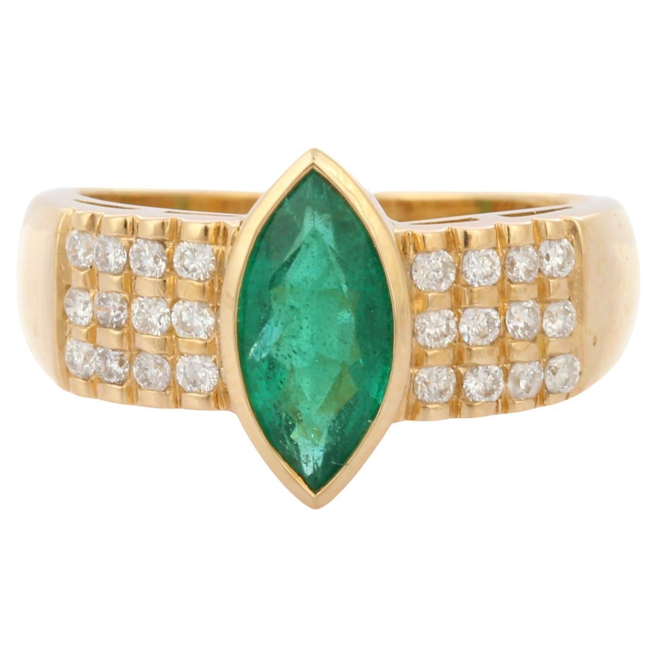 18K Yellow Gold Marquise Cut Emerald and Diamond Cocktail Ring