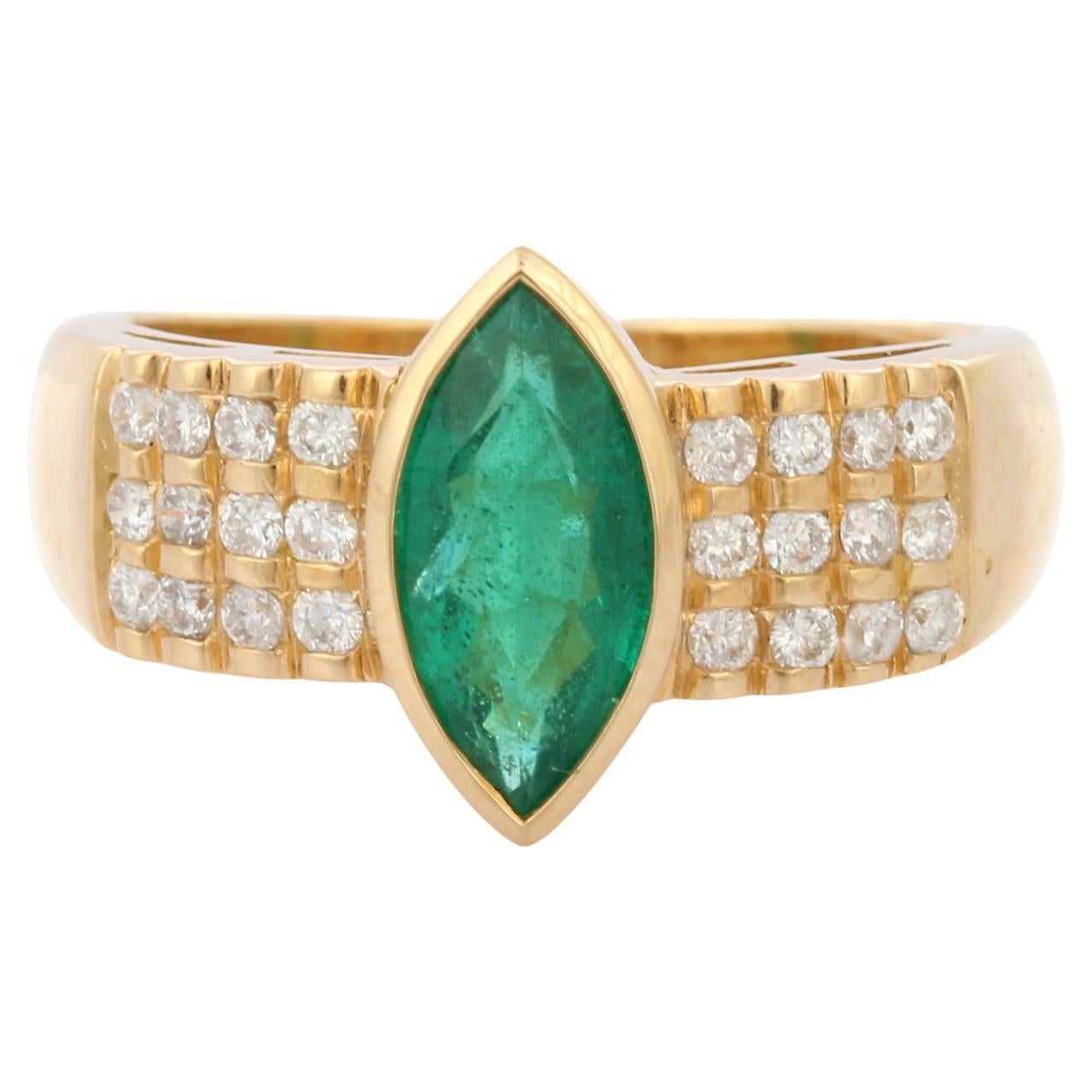 For Sale:  18K Yellow Gold Marquise Cut Emerald and Diamond Cocktail Ring