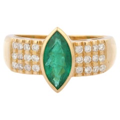 18K Yellow Gold Marquise Cut Emerald and Diamond Cocktail Ring