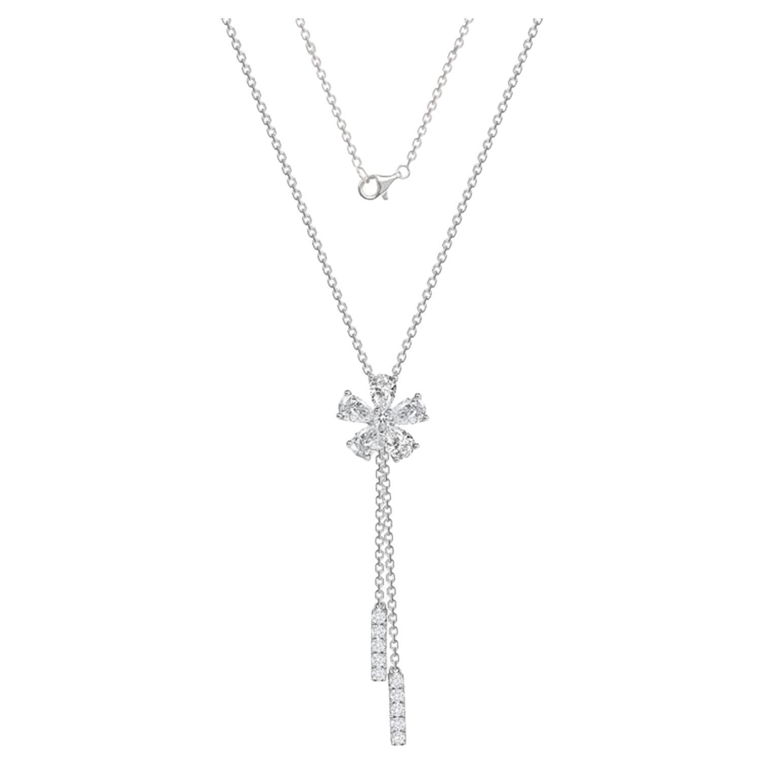 1.05 CT Diamond 18K White Gold Flower Drop Pendant Necklace For Sale