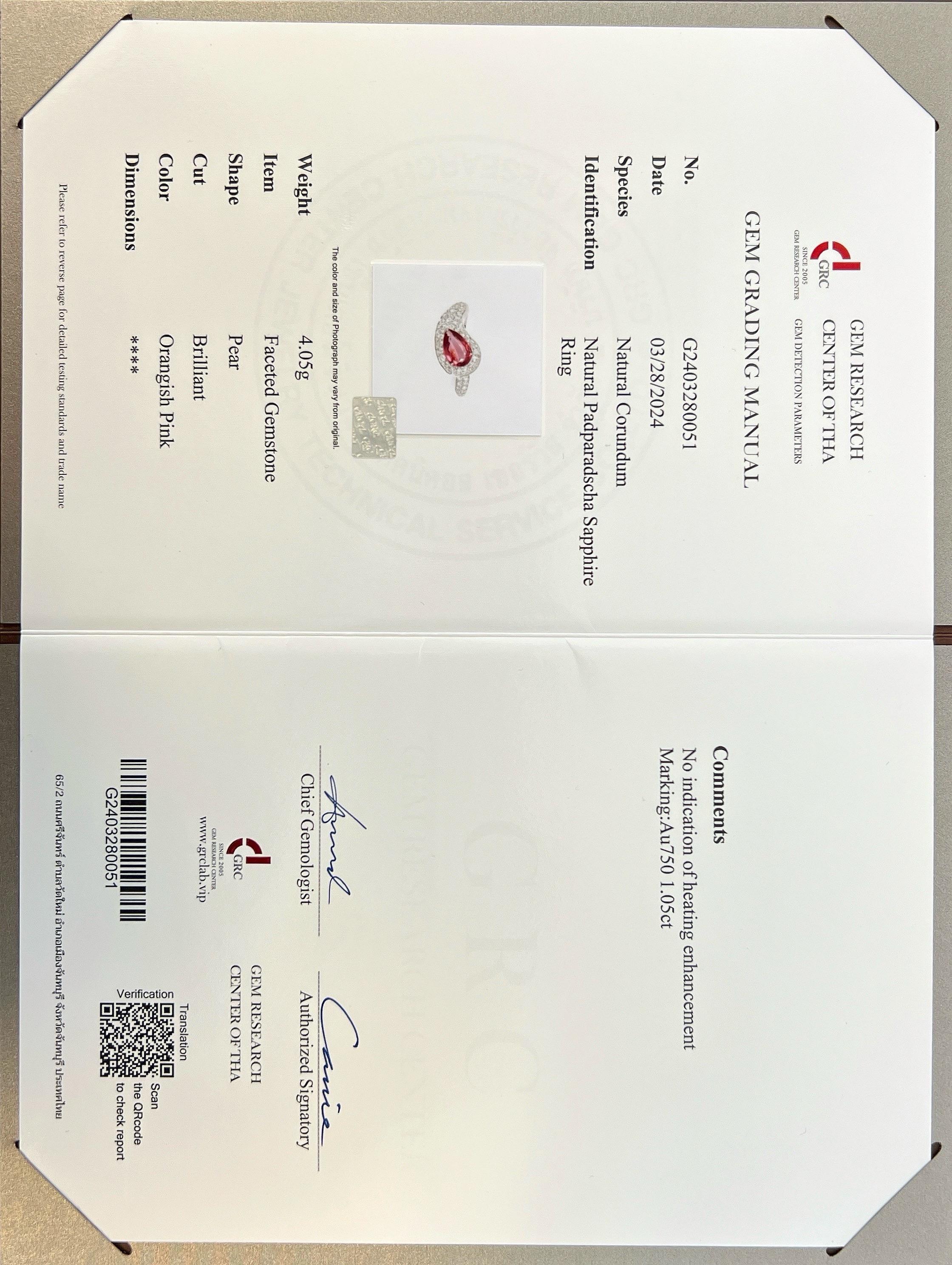 Anello con zaffiro Padparadscha da 1,05 carati senza calore in oro bianco 18 carati in vendita 6