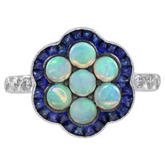 1.05 Ct. Opal Sapphire Diamond Art Deco Style Cluster Ring in 14K White Gold