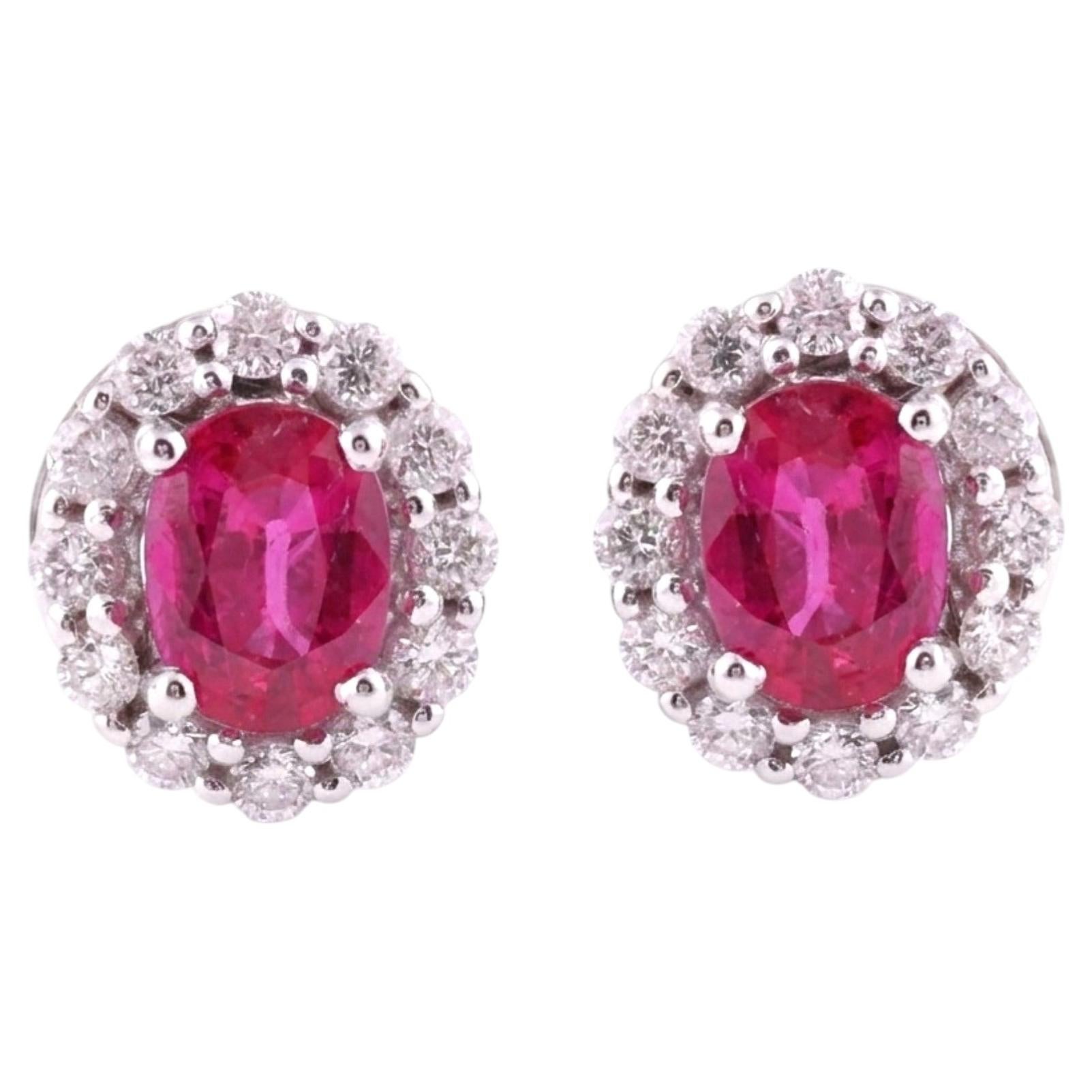 1.05 CTW Natural Ruby Diamond Halo Studs Earrings 18 Karat White Gold