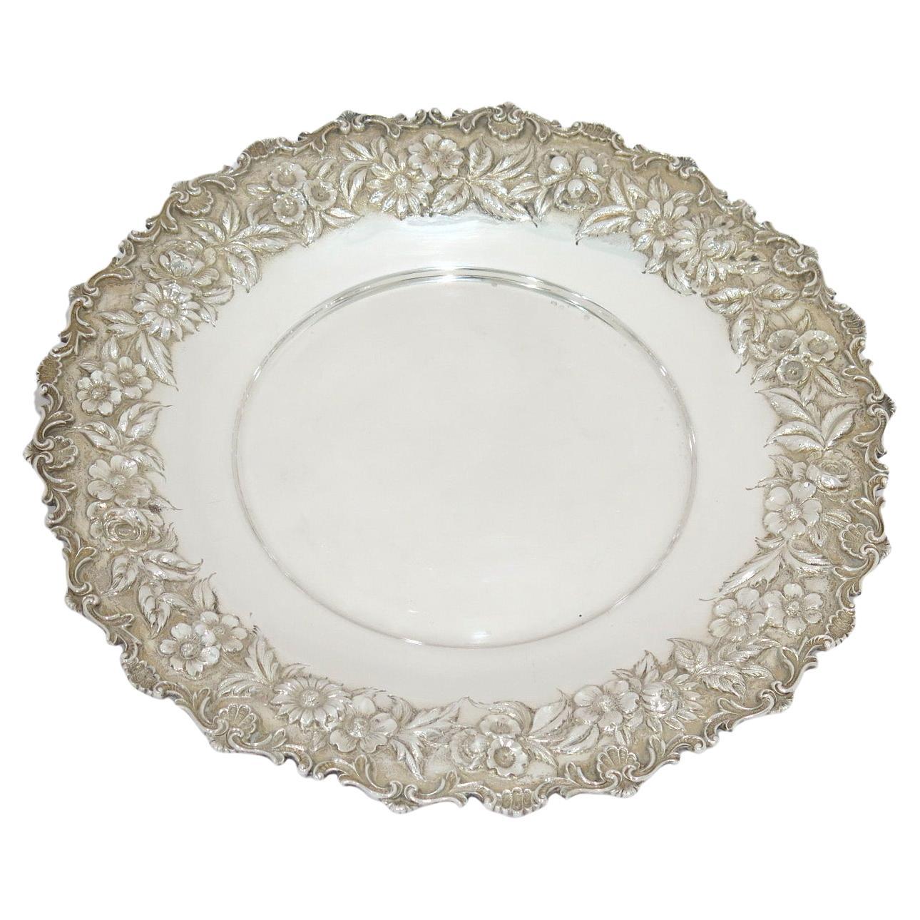 10.5 in - Sterling Silver S. Kirk & Son Antique Floral Repousse Serving Plate For Sale