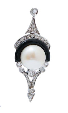 10.5 Mm Pearls, Black Agate, Diamonds, Platinum Earrings.