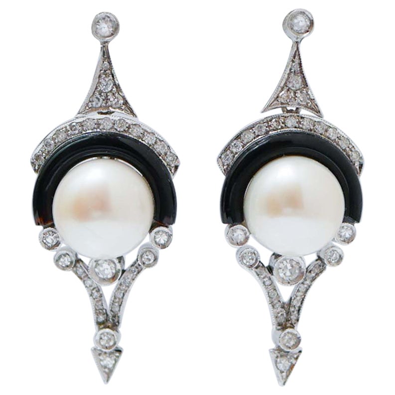 10.5 Mm Pearls, Black Agate, Diamonds, Platinum Earrings. For Sale
