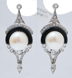 10.5 Mm Pearls, Black Agate, Diamonds, Platinum Earrings.