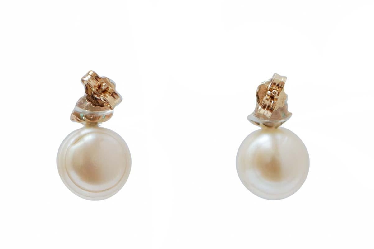 Rétro Orecchini da 10,5 mm con perle, smeraldi, diamanti, oro rosa 14 carati. in vendita