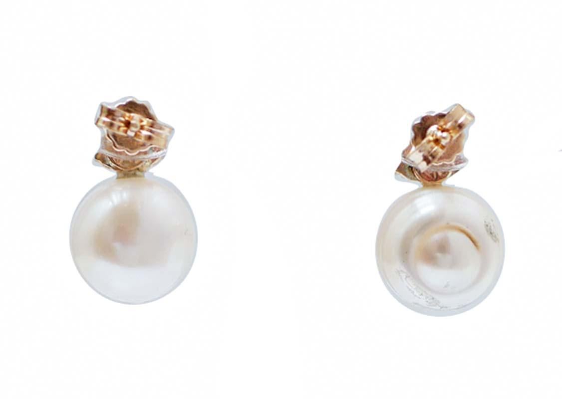 Retro 10.5 Mm Pearls, Emeralds, Diamonds, 14 Karat Rose Gold Earrings. For Sale