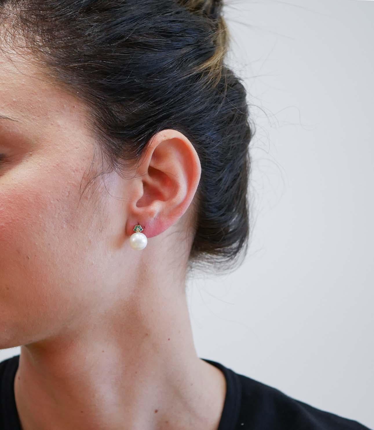 Mixed Cut 10.5 Mm Pearls, Emeralds, Diamonds, 14 Karat Rose Gold Earrings. For Sale