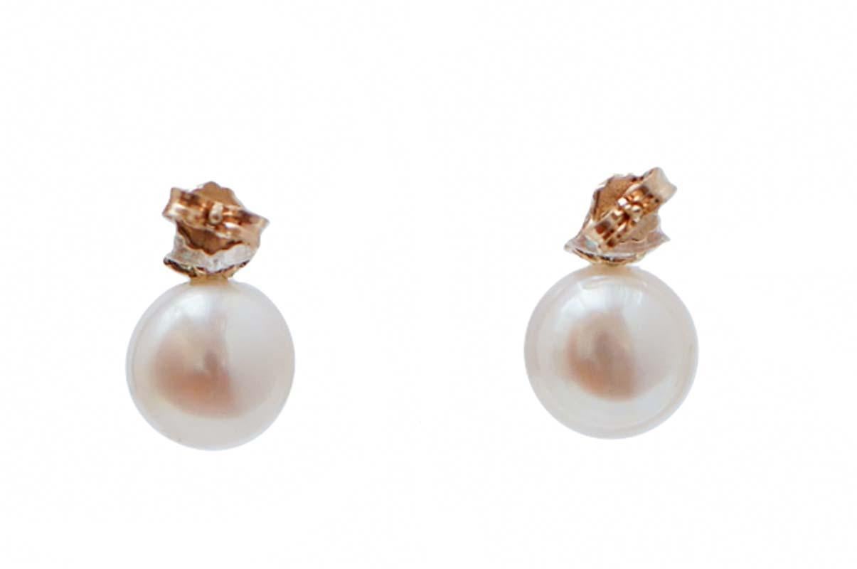 Orecchini da 10,5 mm con perle, smeraldi, diamanti, oro rosa 14 carati. In condizioni Nuovo in vendita a Marcianise, Marcianise (CE)