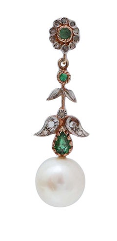 10.5 Mm Pearls, Emeralds, Diamonds, Rose Gold and Silver Earrings.