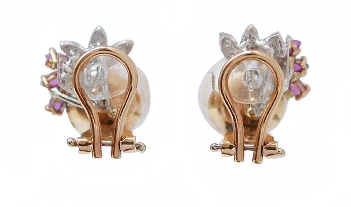 Retro 10.5 Mm Pearls, Rubies, Diamonds, 14 Karat Rose Gold Earrings. For Sale