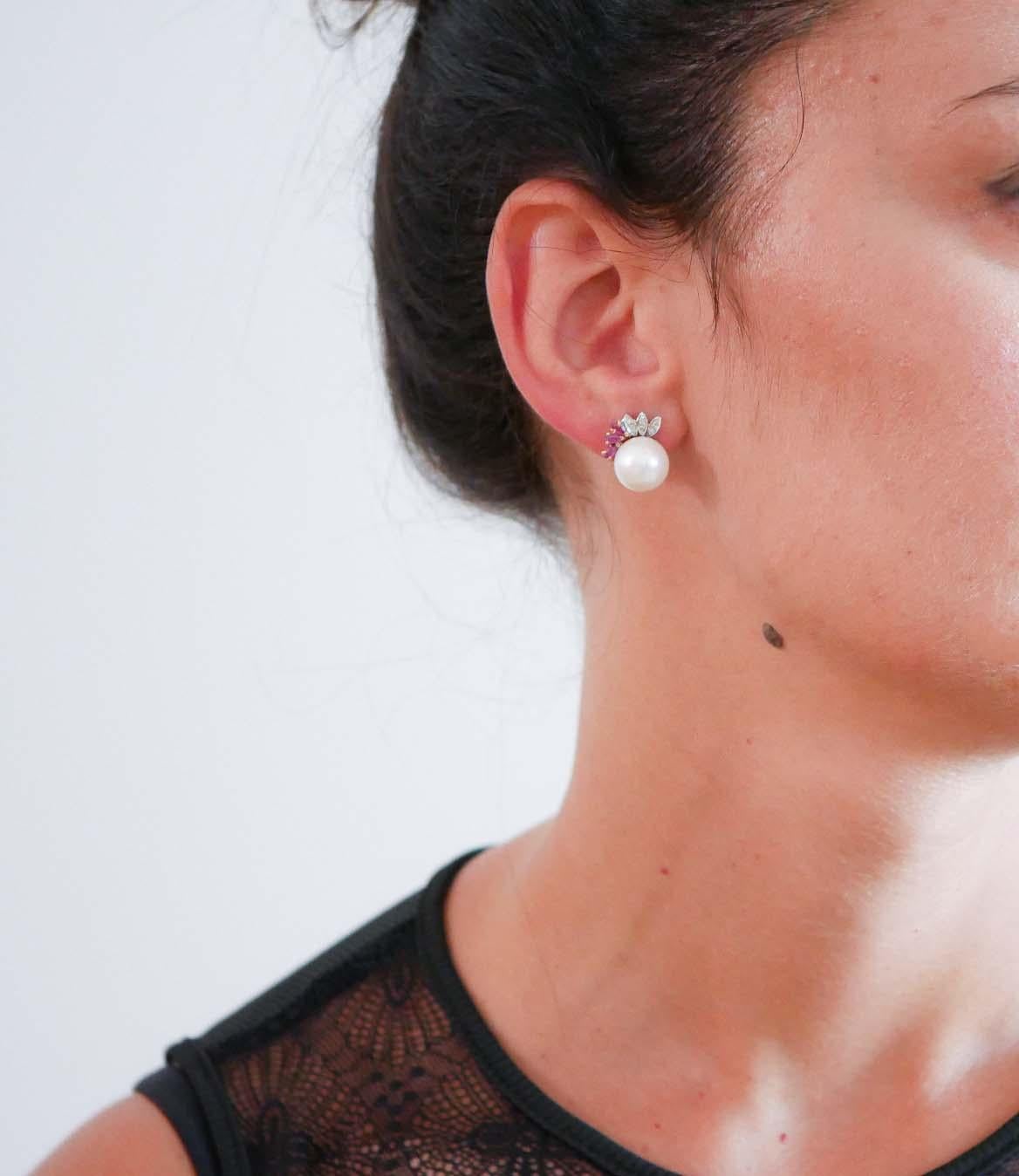 Mixed Cut 10.5 Mm Pearls, Rubies, Diamonds, 14 Karat Rose Gold Earrings. For Sale