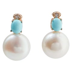 10.5 Mm White Pearls, Diamonds, Turquoise, 14 Karat Rose Gold Earrings.