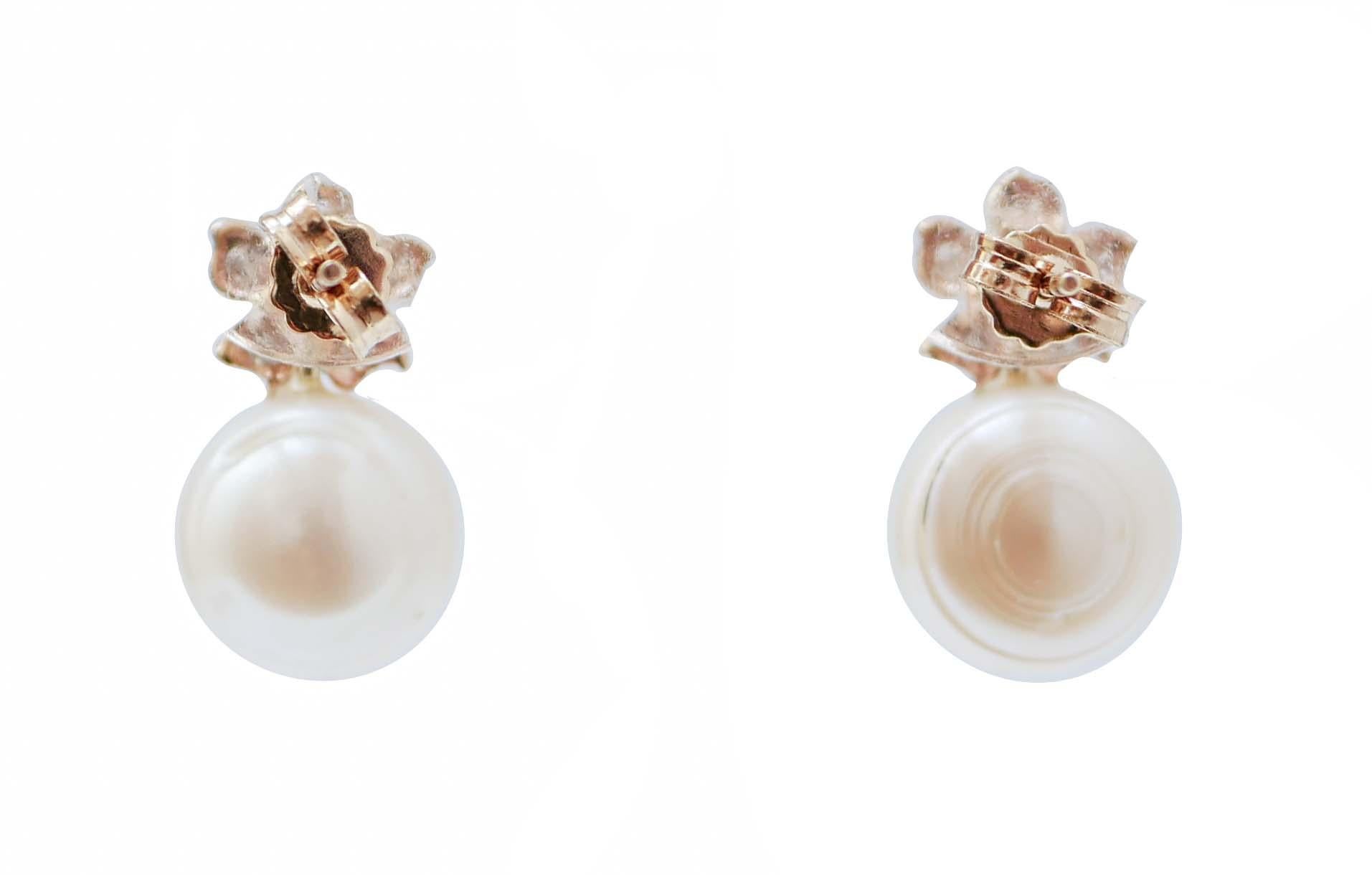Retro 10.5 Mm White Pearls, Rubies, Diamonds, Rose Gold Flower Earrings.
