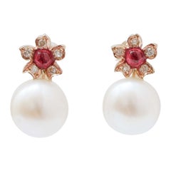 10.5 Mm White Pearls, Rubies, Diamonds, Rose Gold Flower Earrings.
