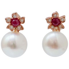 10.5 Mm White Pearls, Rubies, Diamonds, Rose Gold Flower Earrings.