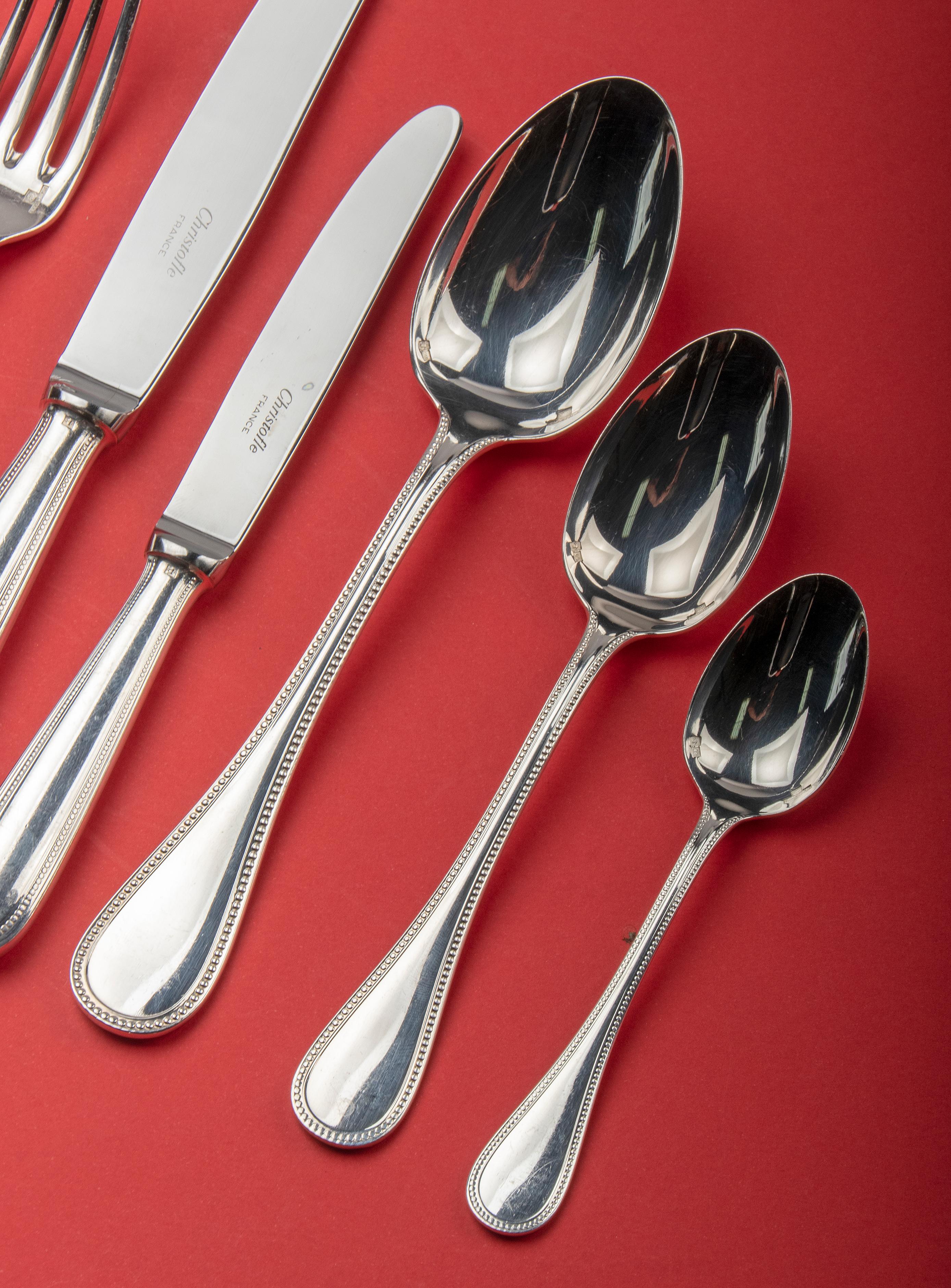 Late 20th Century 105-Piece Set of Silver Plated Flatware by Christofle 'Perles' Original Case