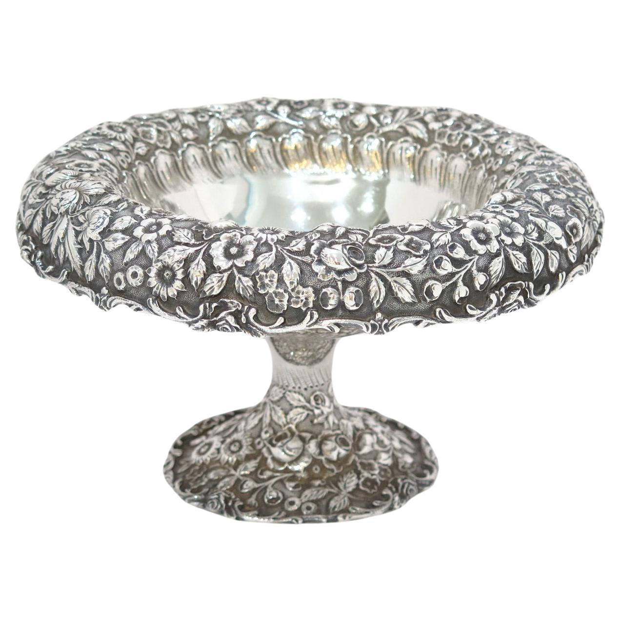10.5" Sterling Silver A. G. Schultz Antique Floral Repousse Footed Serving Bowl For Sale