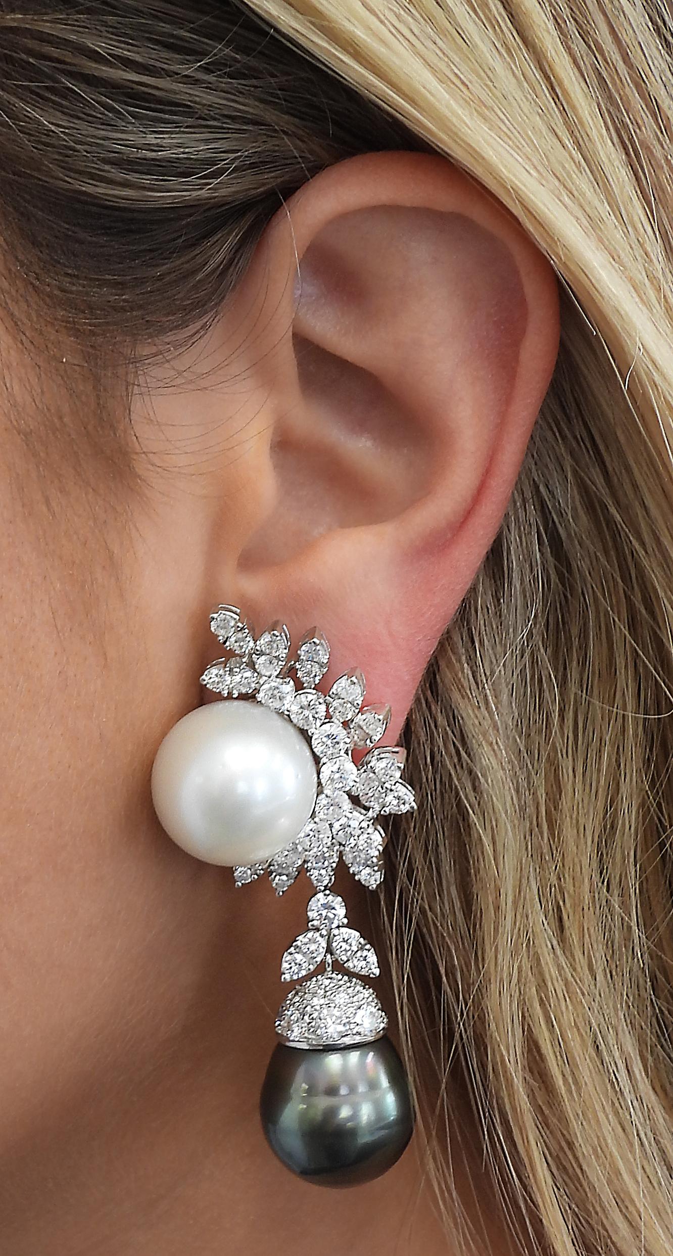Modern 10.50 Carat Diamond and Pearl Dangle Earrings