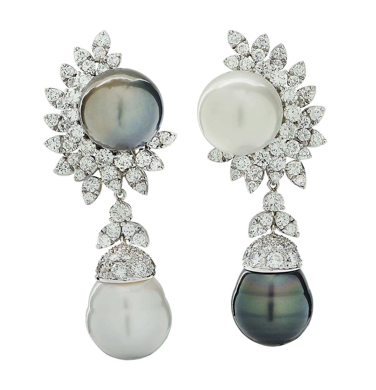 Round Cut 10.50 Carat Diamond and Pearl Dangle Earrings