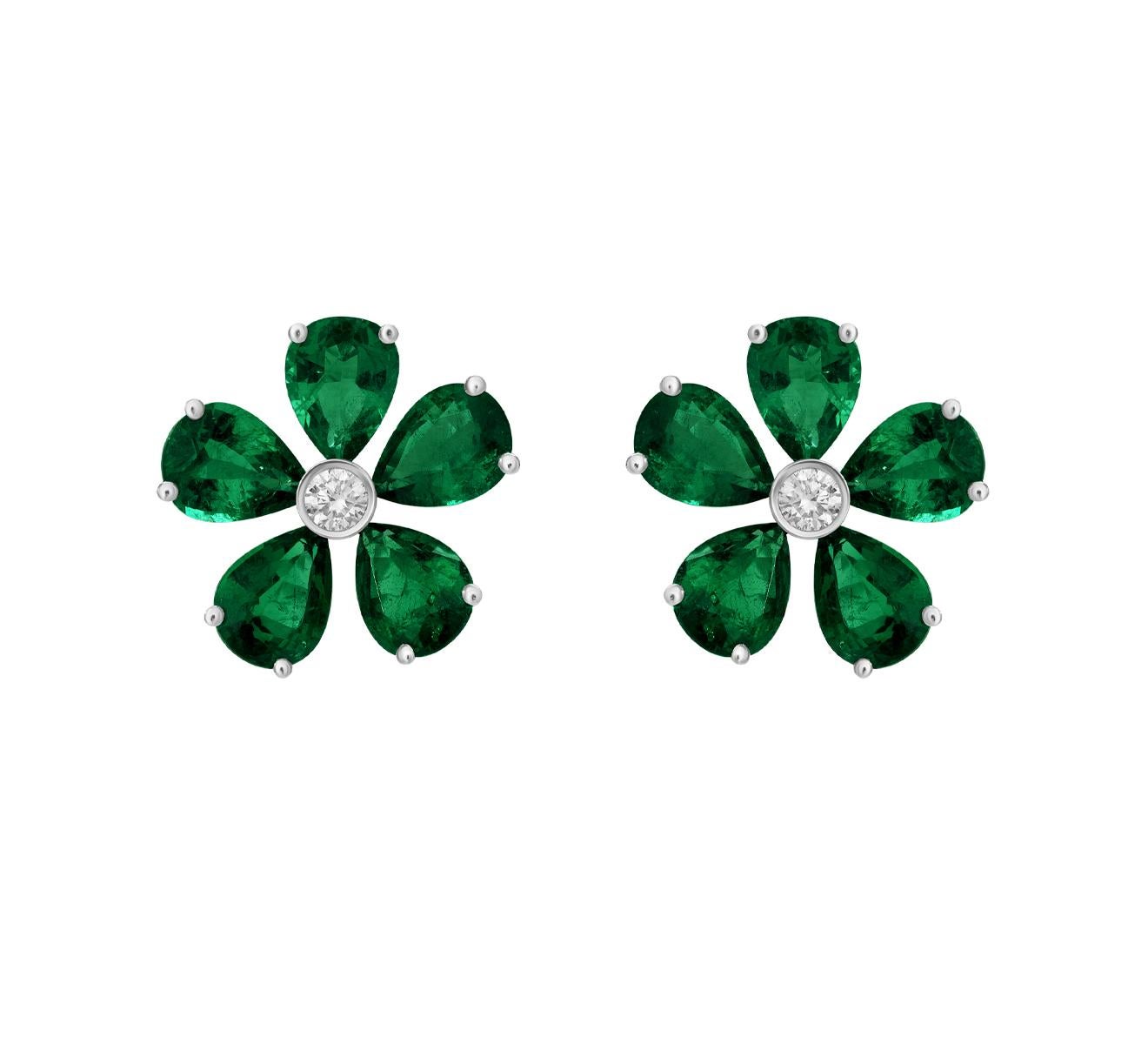 Pear Cut 10.50 Carat Emerald and Diamond Flower Earrings For Sale