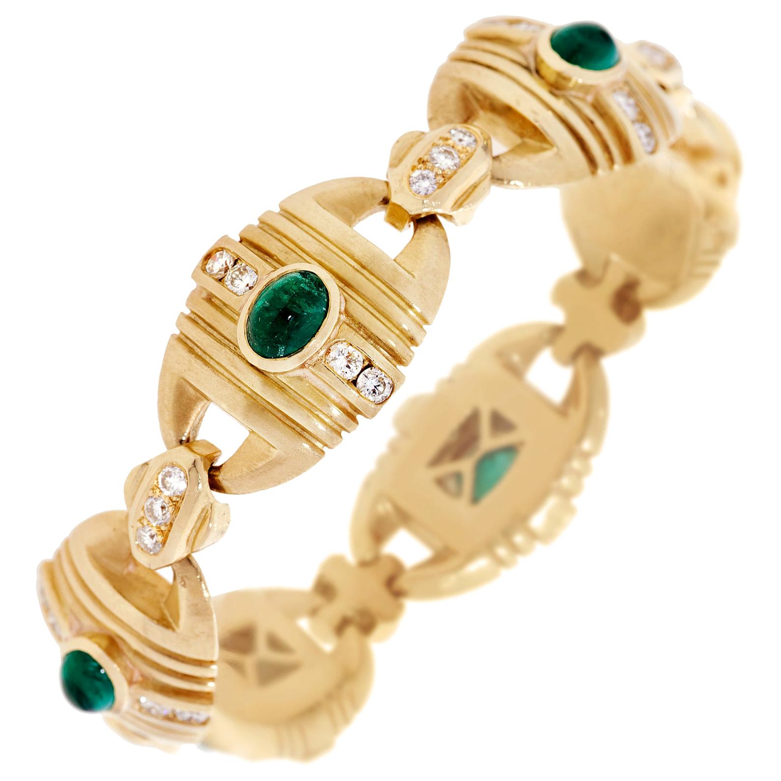 10.50 Carat Emerald Cabochon and Diamond Bracelet in 18 Karat Yellow Gold