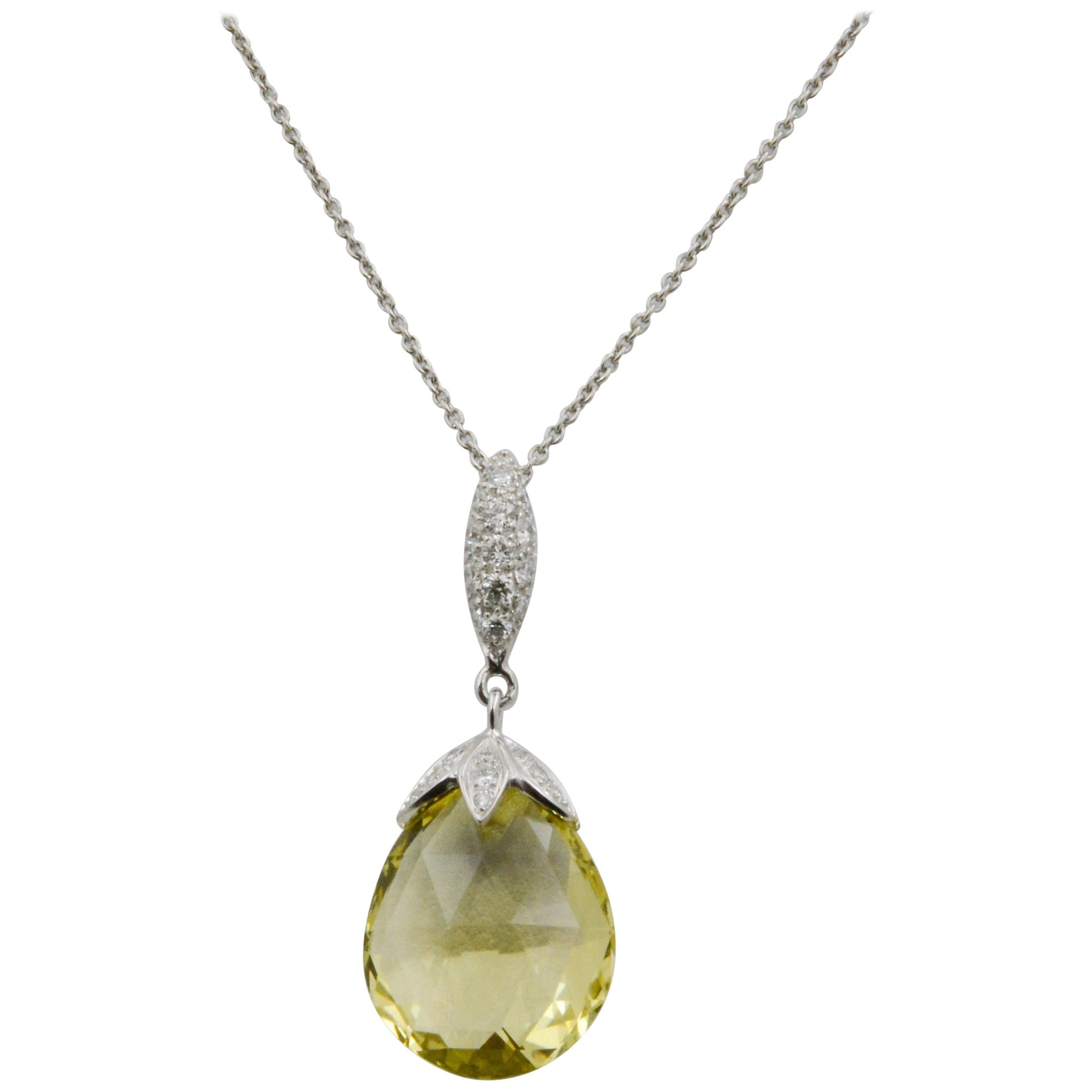 10.50 Carat Lemon Quartz Briolette Diamond Pendant